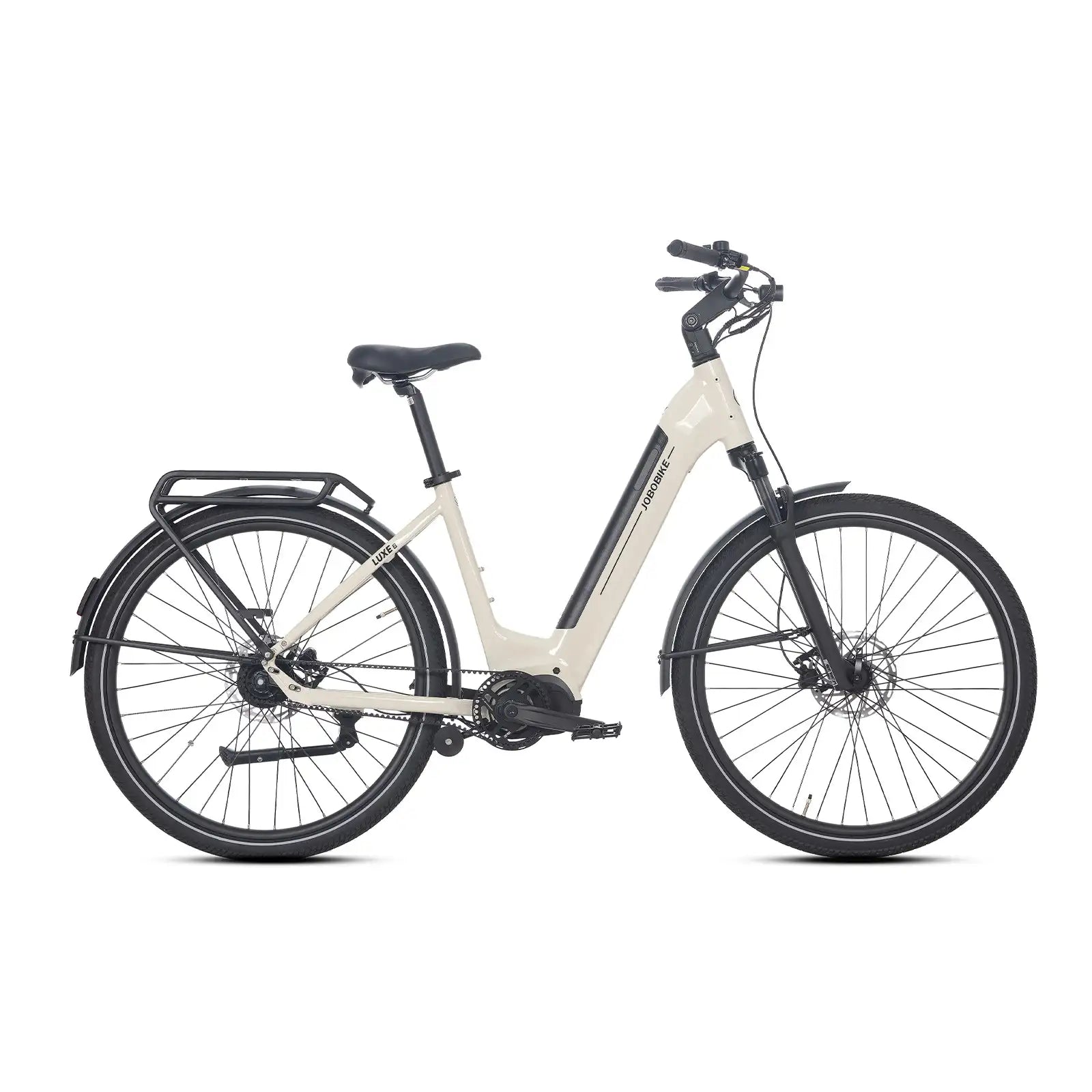 Luxe – beżowy rower elektryczny typu commuter z niskim wejściem i napędem centralnym