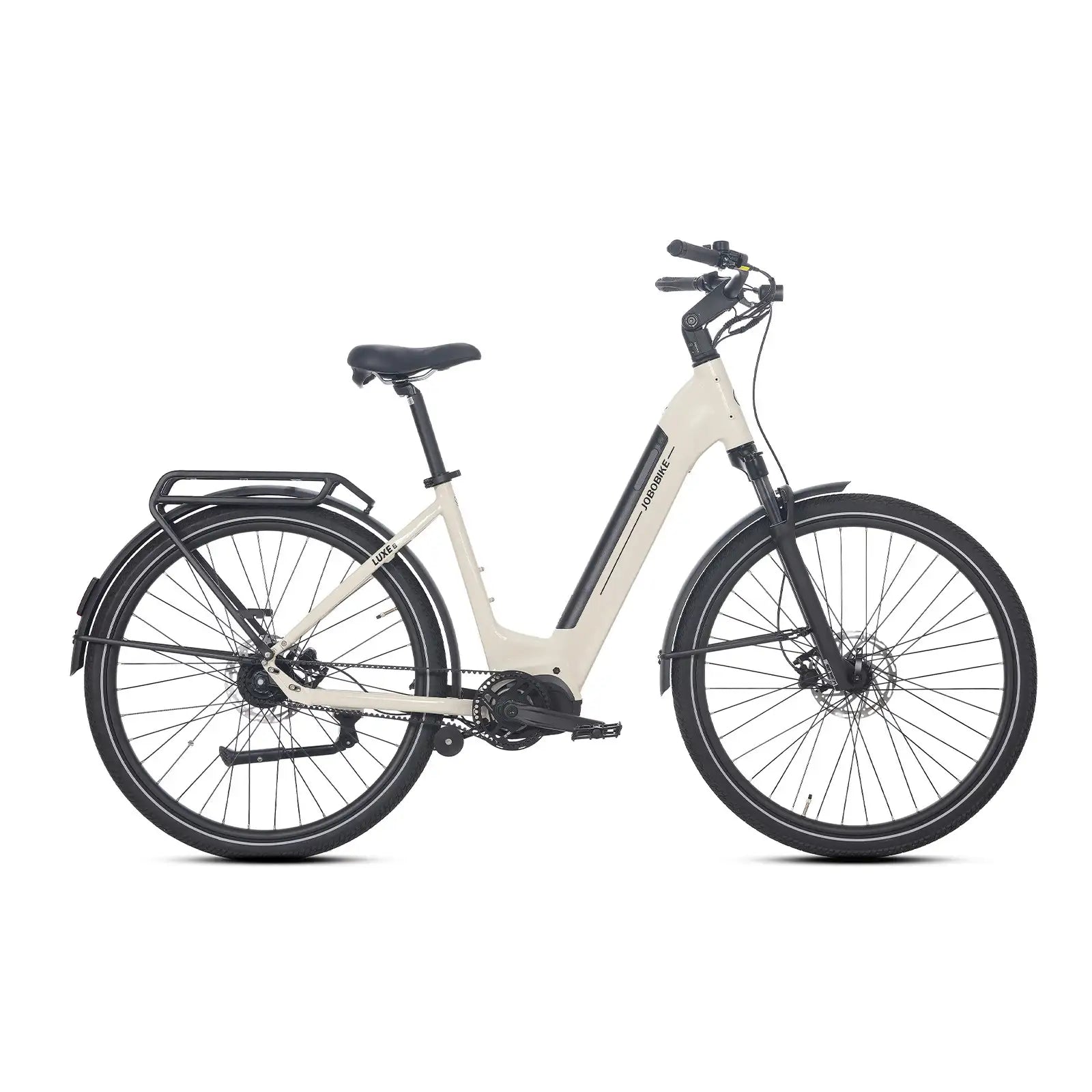 Luxe – beżowy rower elektryczny typu commuter z niskim wejściem i napędem centralnym