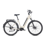Luxe – beżowy rower elektryczny typu commuter z niskim wejściem i napędem centralnym